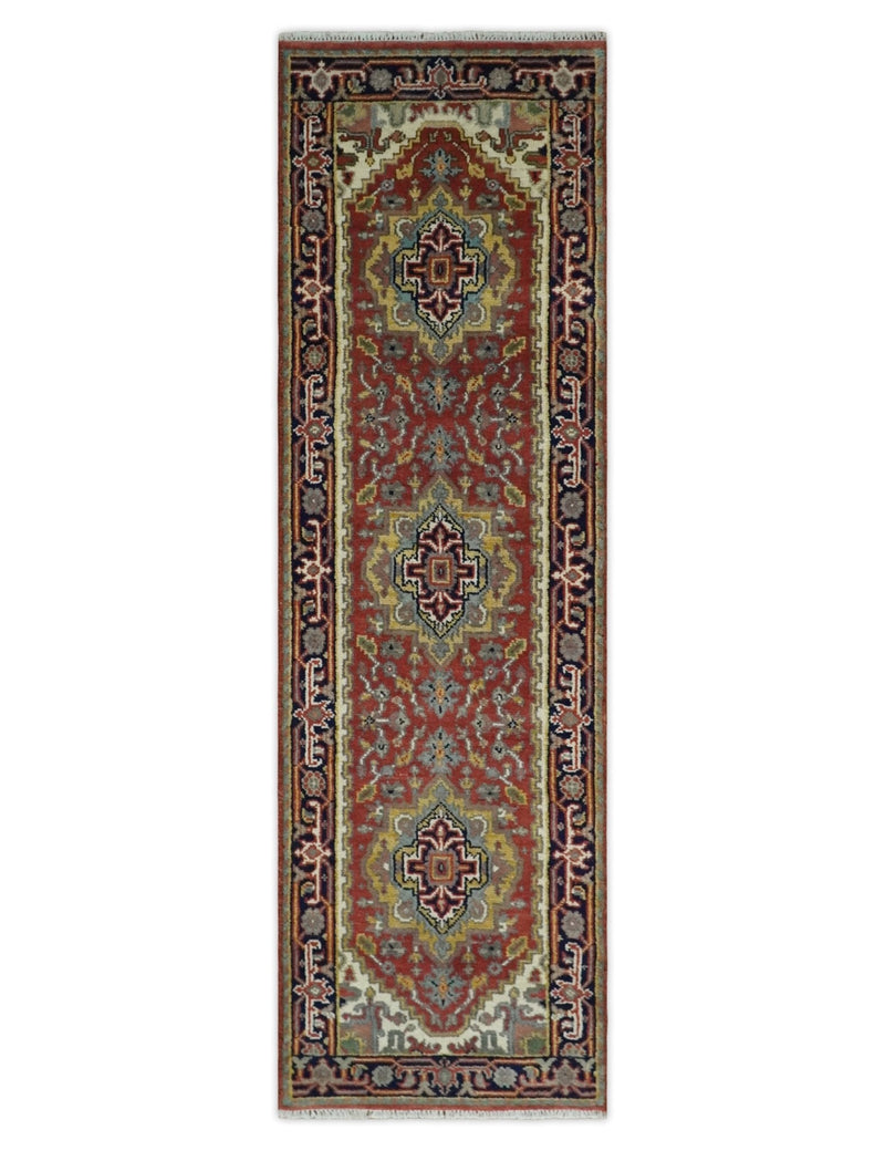 6x9 and runner Traditional Blue, Rust and Ivory Hand knotted wool Area Rug