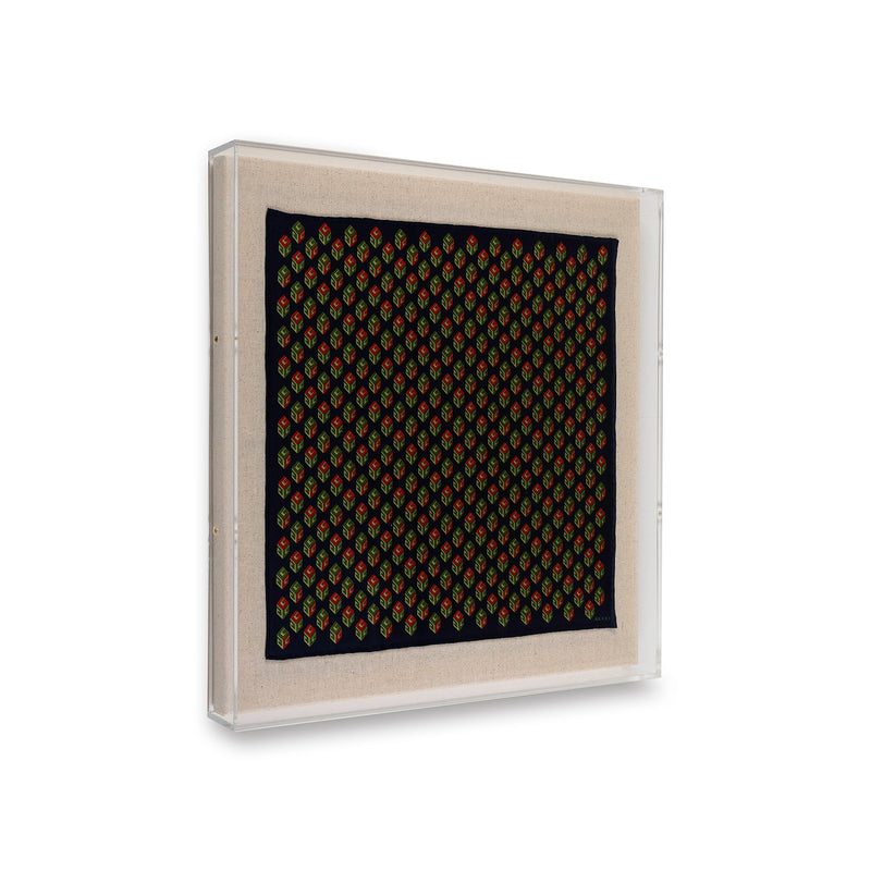 Framed Gucci Patterned G Squares Scarf Blue and Red in a 20x20x2 Shadowbox