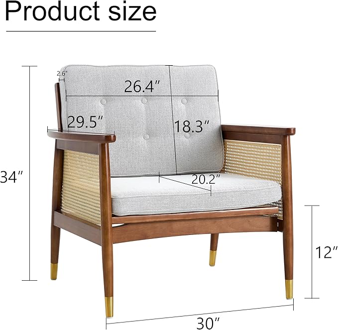 Mid-Century Modern Rattan Accent Chair with Wooden Armrests and Legs – Lounge Armchair for Living Room