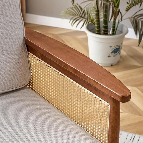 Mid-Century Modern Rattan Accent Chair with Wooden Armrests and Legs – Lounge Armchair for Living Room