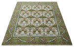 8.6x10 Hand Knotted Ivory and Green Floral Traditional Antique Style Wool Area Rug