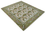 8.6x10 Hand Knotted Ivory and Green Floral Traditional Antique Style Wool Area Rug