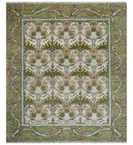 8.6x10 Hand Knotted Ivory and Green Floral Traditional Antique Style Wool Area Rug