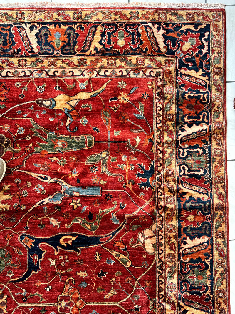Hand-Knotted Afghani Bidjar Wool Rug – 9’x12’6” – Intricate Geometric & Floral Motifs