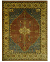 8.8x11.9 Rust, Gold and Blue Heriz Traditional Vintage Style Antique Look Hand Knotted Wool Area Rug