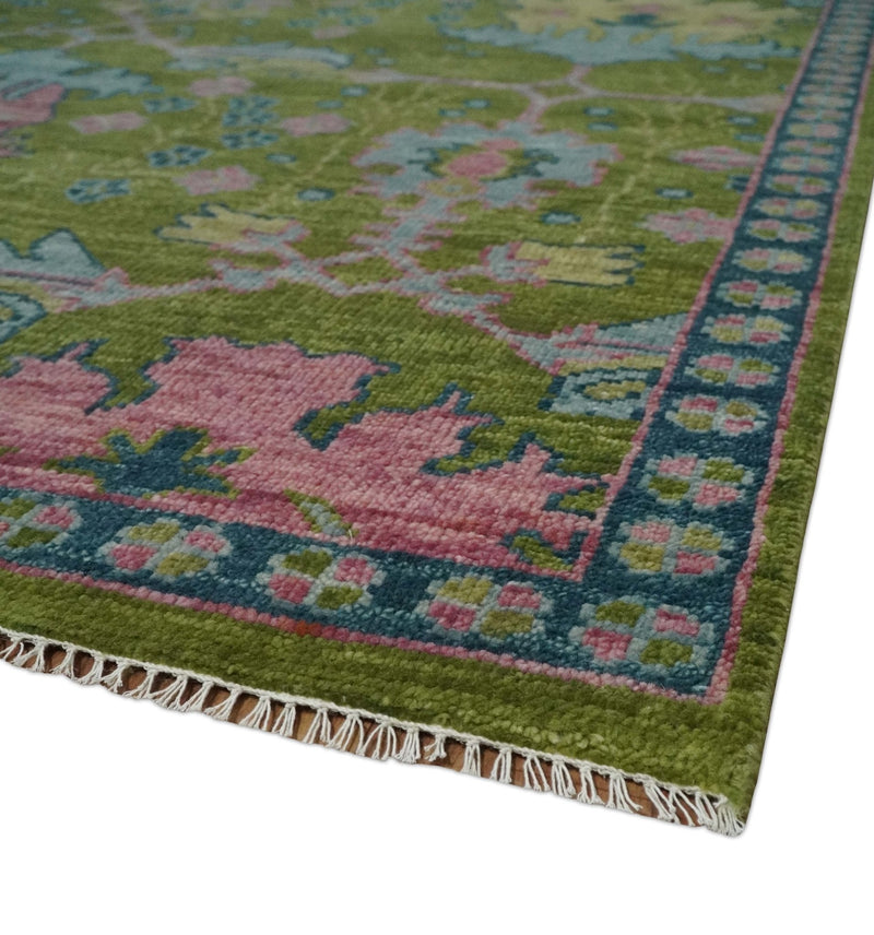 Moss Green, Blue and Peach Hand Knotted Vibrant colorful Donegal Design Multi Size Wool Area Rug