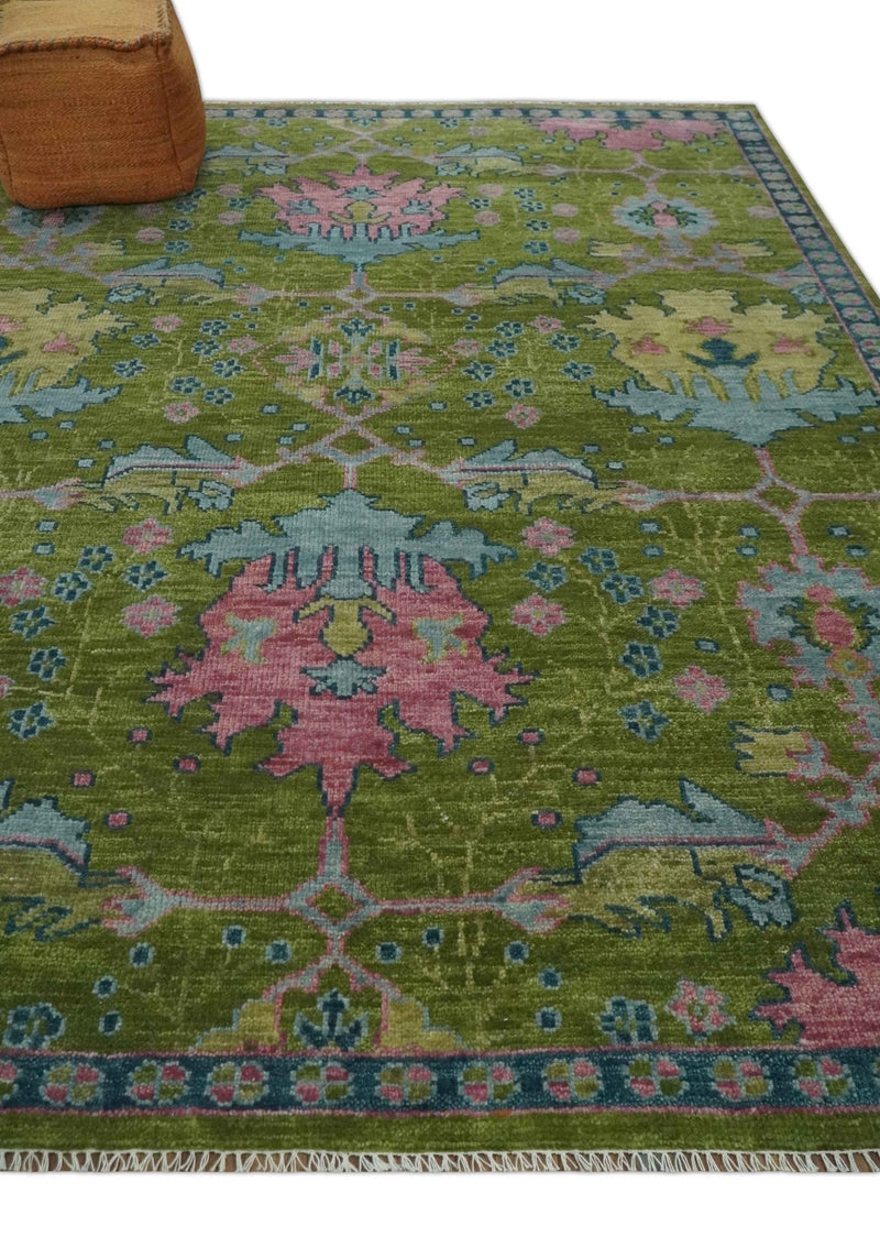 Moss Green, Blue and Peach Hand Knotted Vibrant colorful Donegal Design Multi Size Wool Area Rug