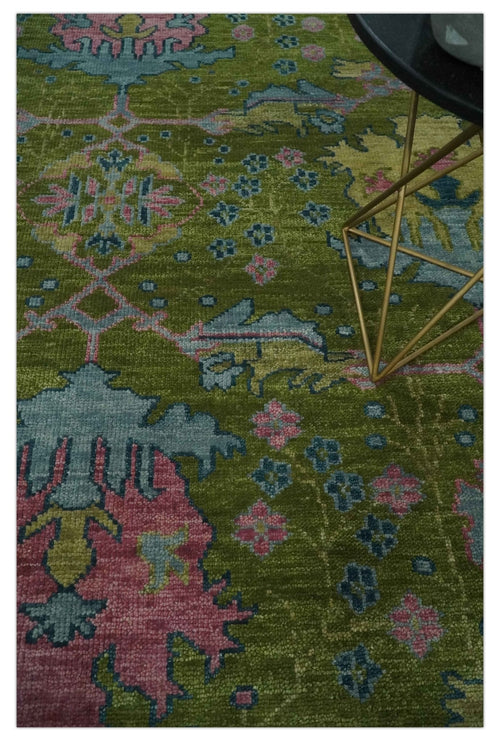 Moss Green, Blue and Peach Hand Knotted Vibrant colorful Donegal Design Multi Size Wool Area Rug