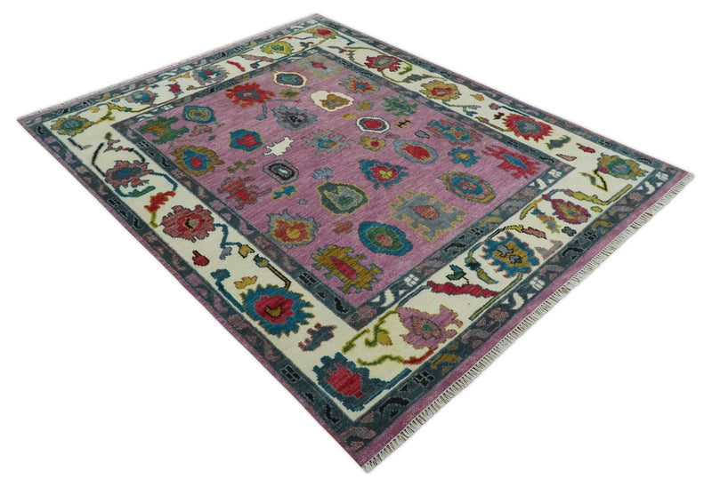 Custom Made Purple and Ivory Vibrant Colorful Hand knotted Traditional Oushak wool Area Rug