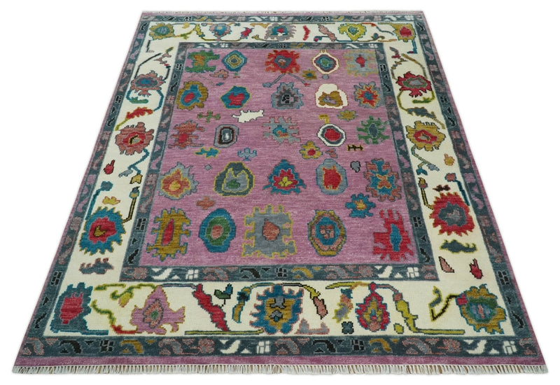 Custom Made Purple and Ivory Vibrant Colorful Hand knotted Traditional Oushak wool Area Rug