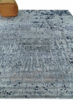 8x10 Abstract Pattern Hand knotted Silver and Blue modern Bamboo Silk Area Rug