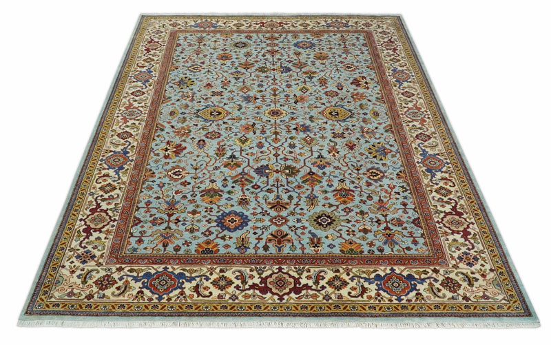 8x10 and 9x12 Fine Hand Knotted Blue and Ivory Traditional Vintage Antique Persian Wool Rug | TRDCP853