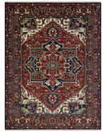 8x10 and 9x12 Traditional Rust, Ivory and Blue Hand knotted wool Area Rug