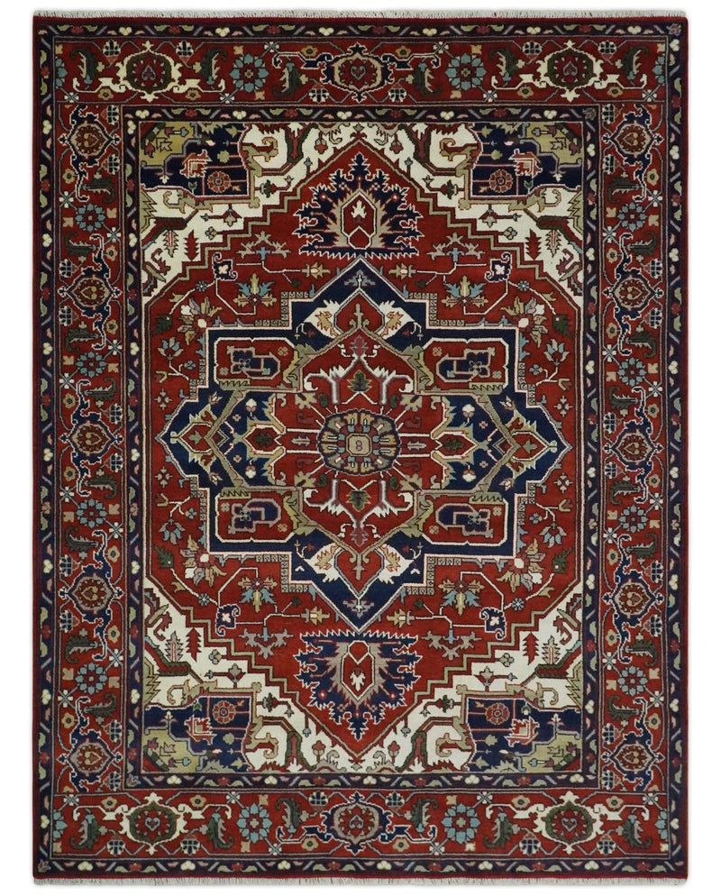 8x10 and 9x12 Traditional Rust, Ivory and Blue Hand knotted wool Area Rug