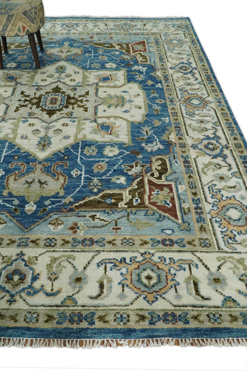 Blue and Ivory Wool Traditional Persian Antique Vintage Hand knotted Oushak Area Rug | TRDCP207