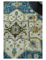 Blue and Ivory Wool Traditional Persian Antique Vintage Hand knotted Oushak Area Rug | TRDCP207