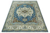 Blue and Ivory Wool Traditional Persian Antique Vintage Hand knotted Oushak Area Rug | TRDCP207