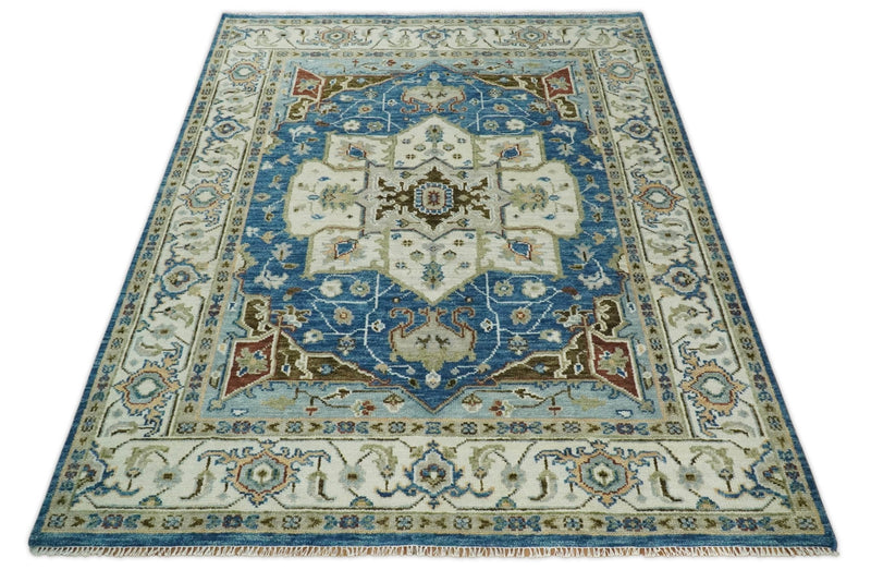 Blue and Ivory Wool Traditional Persian Antique Vintage Hand knotted Oushak Area Rug | TRDCP207