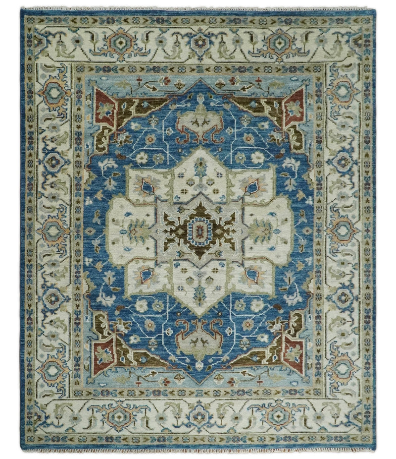 Blue and Ivory Wool Traditional Persian Antique Vintage Hand knotted Oushak Area Rug | TRDCP207