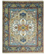 Ivory, Beige, Blue and Charcoal Traditional Heriz Hand Knotted Multi Size wool Area Rug