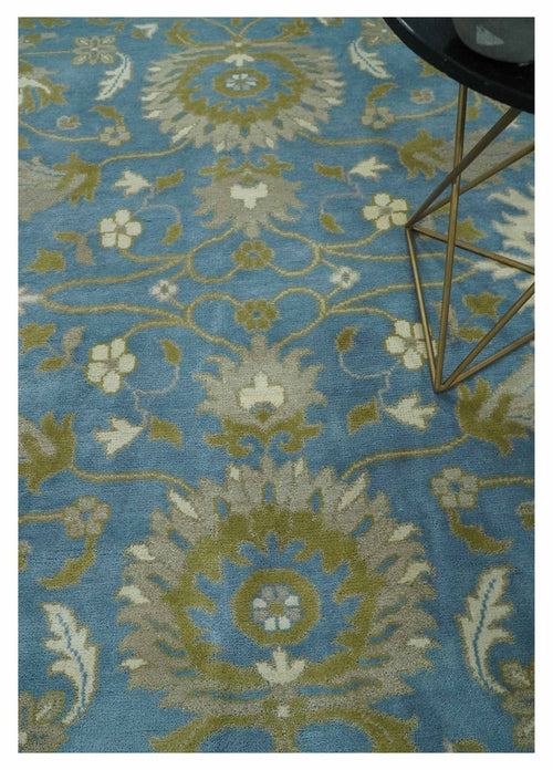 8x10 Blue, Ivory and Olive Hand Knotted Heriz Serapi Floral Area Rug | TRDCP1181810