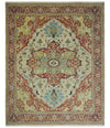 8x10 Fine Hand Knotted Beige, Blue and Rust Traditional Vintage Heriz Serapi Antique Wool Rug | TRDCP466810