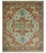8x10 Fine Hand Knotted Beige, Blue and Rust Traditional Vintage Heriz Serapi Antique Wool Rug | TRDCP466810