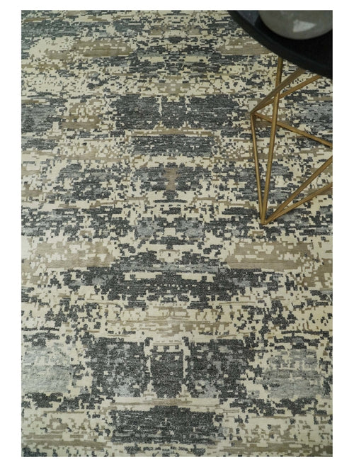 8x10 Fine Hand knotted Charcoal and Beige Traditional Abstract Persian Wool and Bamboo Silk Area Rug | TRDCP628810