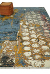 8x10 Fine Hand Knotted Ivory and Blue Modern Abstract Style Antique Wool and Silk Area Rug | TRDCP631810