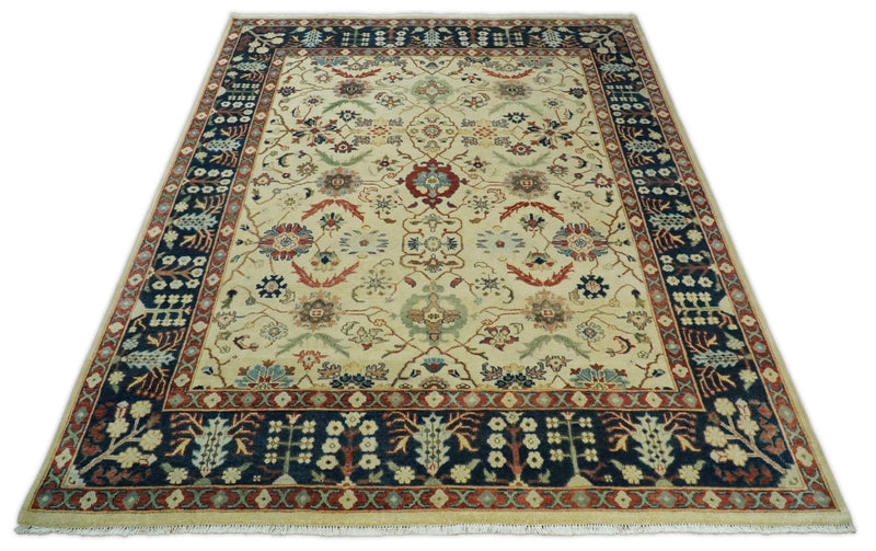 8x10 Fine Hand Knotted Ivory and Blue Traditional Vintage Style Mahal Antique Wool Rug | TRDCP492810