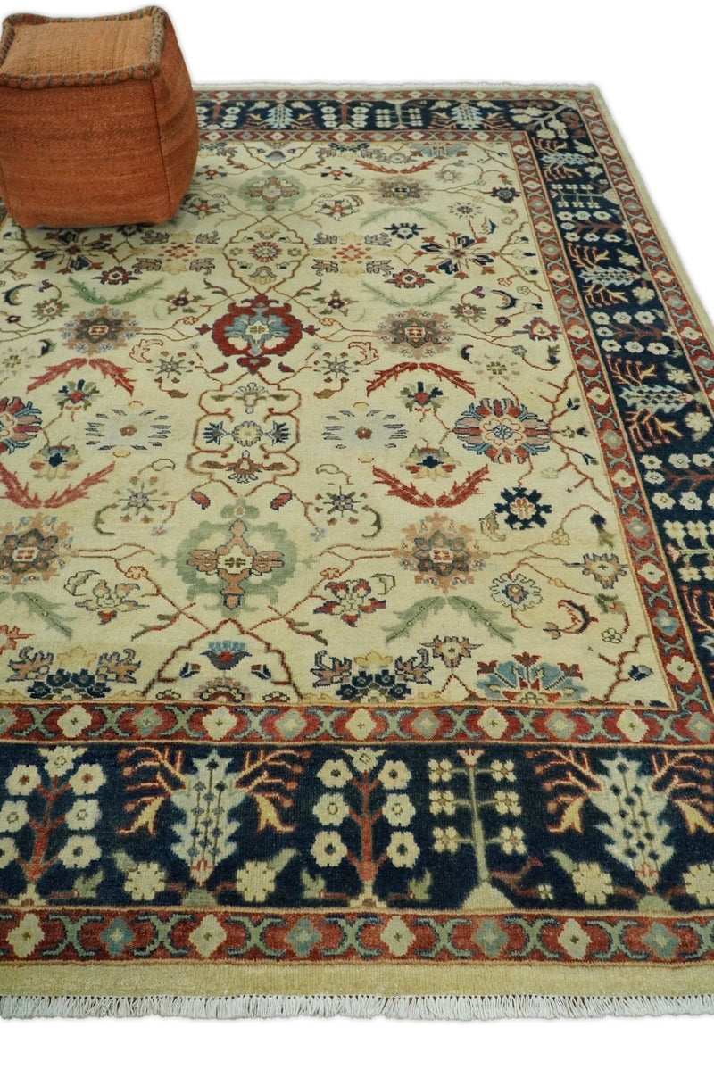 8x10 Fine Hand Knotted Ivory and Blue Traditional Vintage Style Mahal Antique Wool Rug | TRDCP492810