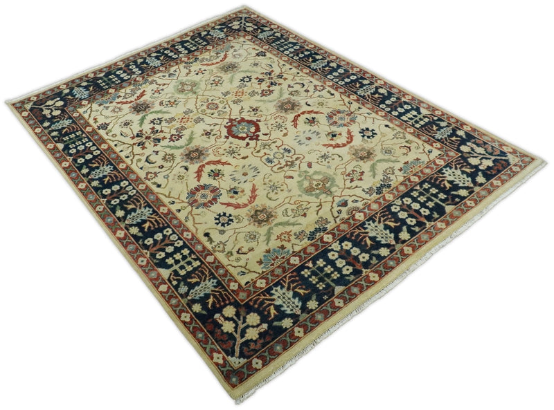 8x10 Fine Hand Knotted Ivory and Blue Traditional Vintage Style Mahal Antique Wool Rug | TRDCP492810