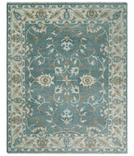8x10 Hand Knotted Blue and Beige Traditional Vintage Turkish Oushak Antique Wool Rug | TRDCP756810