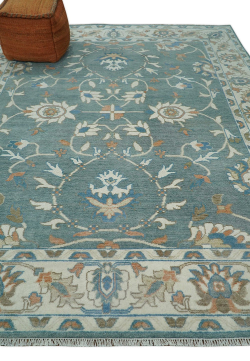 8x10 Hand Knotted Blue and Beige Traditional Vintage Turkish Oushak Antique Wool Rug | TRDCP756810