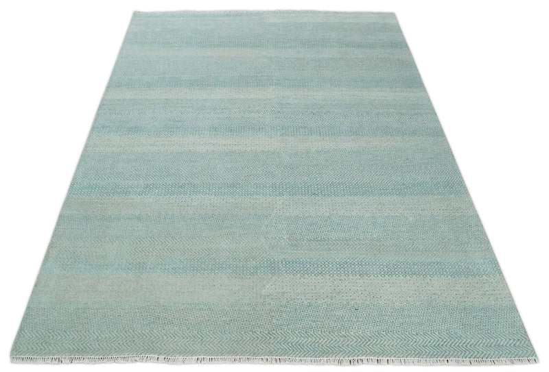 8x10 Hand Knotted Blue and Ivory Modern Geometric Trellis Scandinavian Wool Area Rug | TRDCP931810
