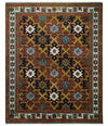 8x10 Hand Knotted Geometrical Rust, Black and Gold Floral Area Rug | TRDCP1368810