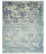 8x10 Hand knotted Ivory and Blue Modern Abstract Wool and Bamboo Silk Area Rug | TRDCP489810