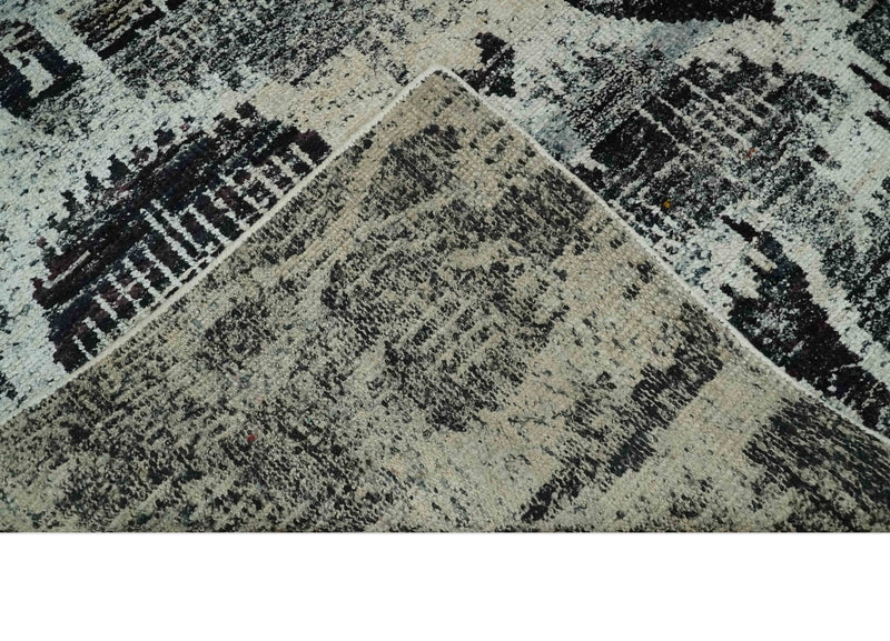 4x6 and 8x10 Hand Knotted Ivory, Charcoal and Brown  Antique Persian Style Contemporary Recycled Silk Area Rug | OP46