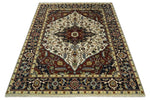 8x10 Hand Knotted Ivory Red and Blue Traditional Heriz Serapi Antique Wool Rug | TRDCP601810