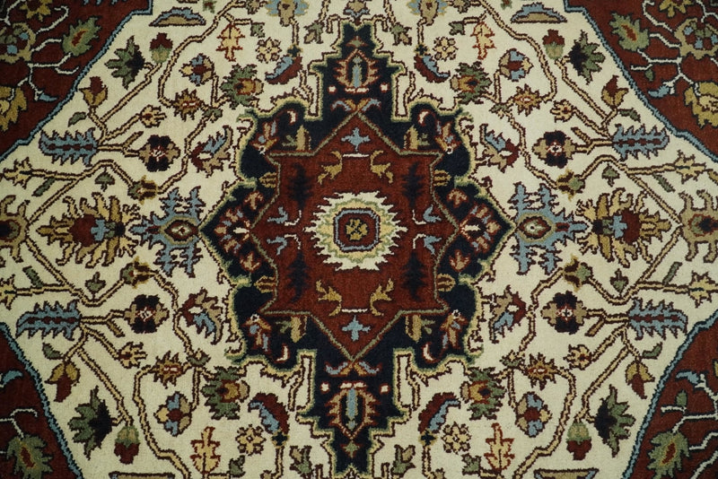 8x10 Hand Knotted Ivory Red and Blue Traditional Heriz Serapi Antique Wool Rug | TRDCP601810