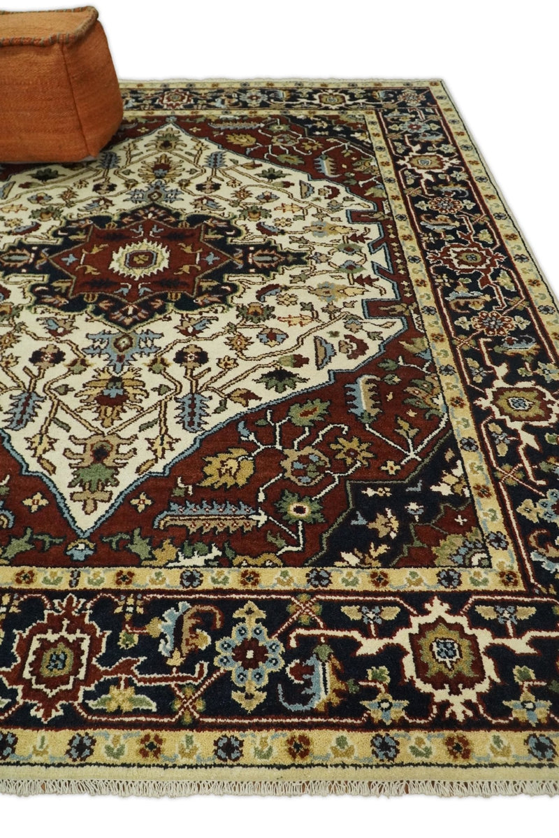 8x10 Hand Knotted Ivory Red and Blue Traditional Heriz Serapi Antique Wool Rug | TRDCP601810