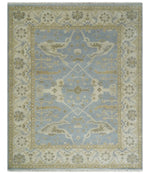 8x10 Hand Knotted Oriental Oushak Silver, Ivory and Beige Wool Area Rug | TRDCP1164810