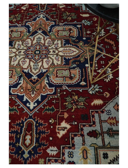 8x10 Hand Knotted Rust and Blue Traditional Vintage Persian Heriz Serapi Antique Wool Rug | TRDCP575810