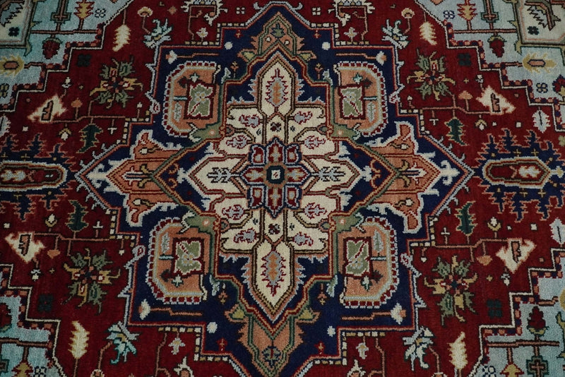 8x10 Hand Knotted Rust and Blue Traditional Vintage Persian Heriz Serapi Antique Wool Rug | TRDCP575810