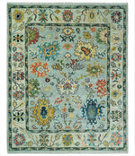 Vibrant Colorful Aqua, Ivory, Gold and Rust Hand Knotted Traditional Oushak Multi Size wool Area Rug
