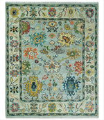 Vibrant Colorful Aqua, Ivory, Gold and Rust Hand Knotted Traditional Oushak Multi Size wool Area Rug