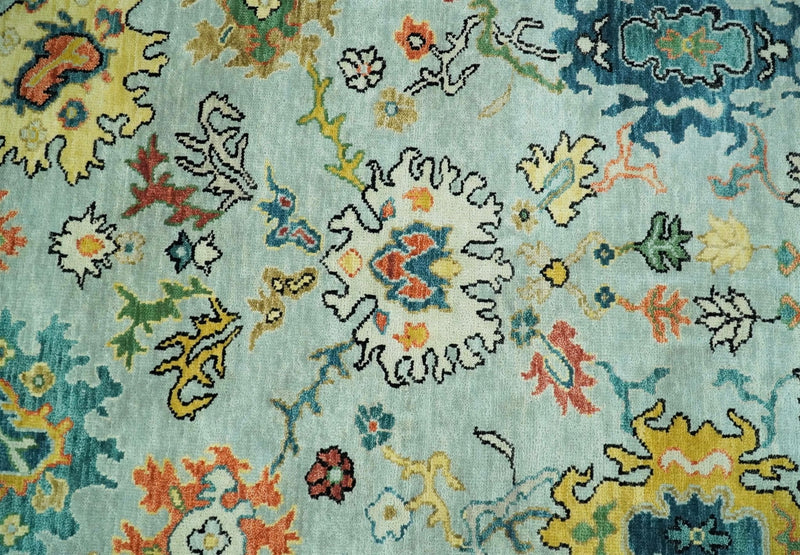 Vibrant Colorful Aqua, Ivory, Gold and Rust Hand Knotted Traditional Oushak Multi Size wool Area Rug