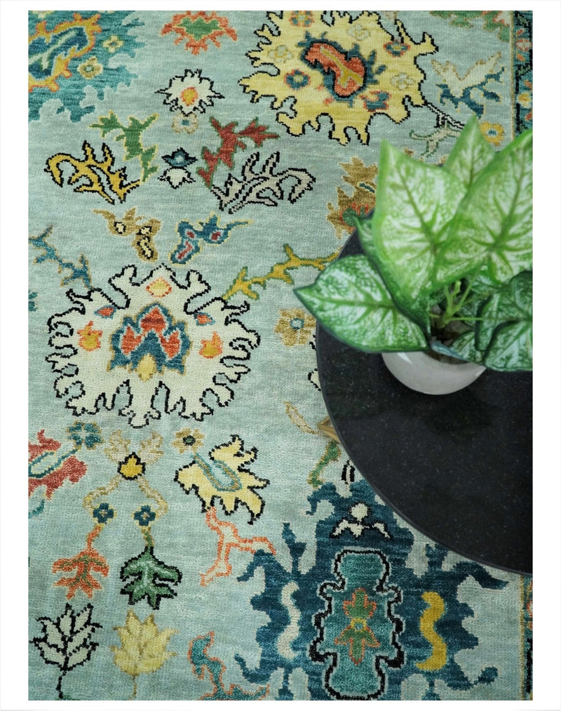 Vibrant Colorful Aqua, Ivory, Gold and Rust Hand Knotted Traditional Oushak Multi Size wool Area Rug