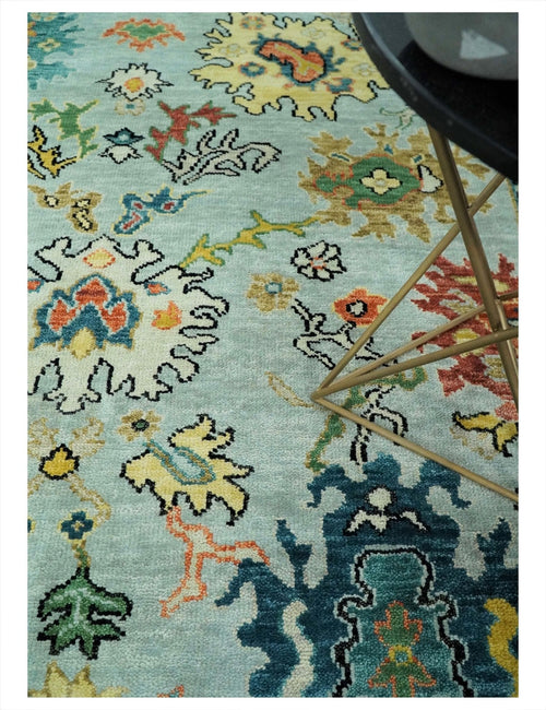 Vibrant Colorful Aqua, Ivory, Gold and Rust Hand Knotted Traditional Oushak Multi Size wool Area Rug