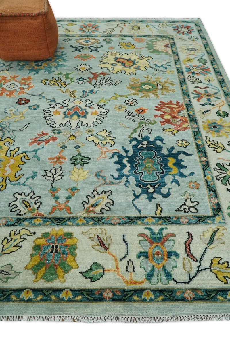 Vibrant Colorful Aqua, Ivory, Gold and Rust Hand Knotted Traditional Oushak Multi Size wool Area Rug